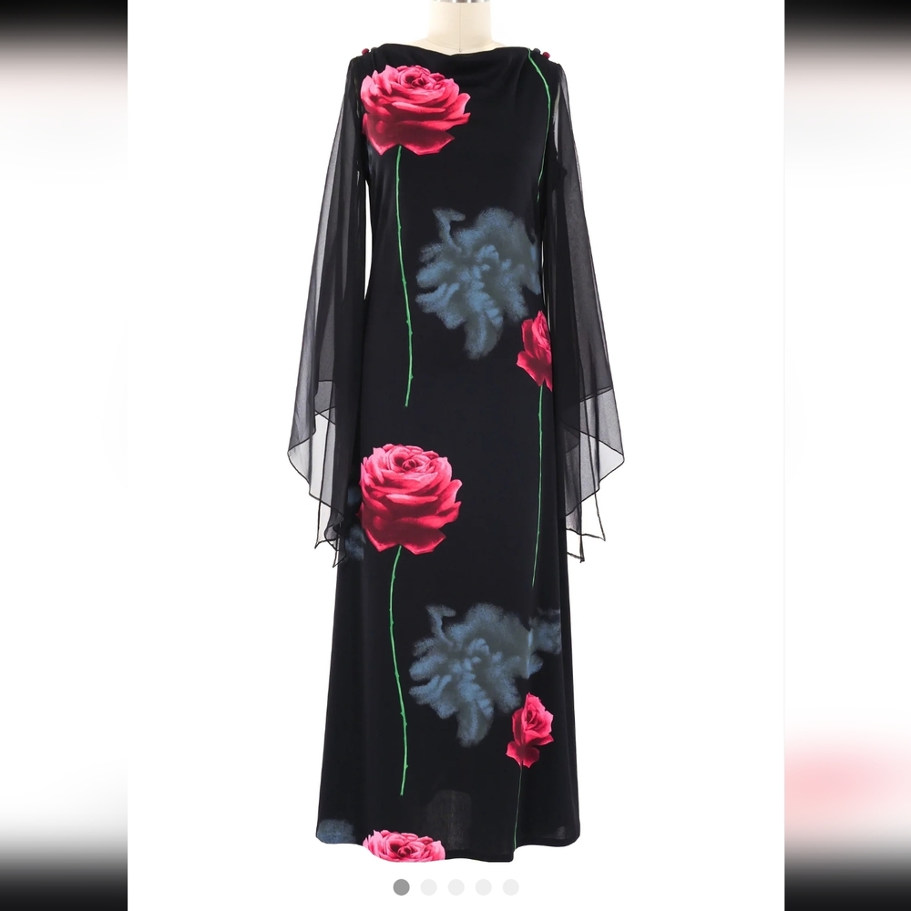 Black Rose Vamp Gothic Whimsigoth Maxi Dress Slit Chiffon Angel Sleeve XL 70s